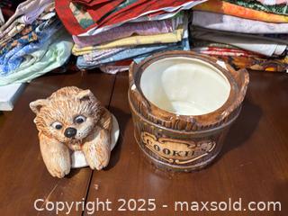 MaxSold Auction: Ceramic Novelty Cookie Jar — Cat in Barrel with 'COOKIES' Plaque - Maple Ridge (British Columbia, Canada) PARTNER MANAGED Estate Sale Online Auction - Blanshard Street (STORAGE)