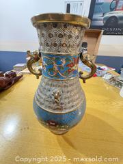 MaxSold Auction: Cloisonné-Style Brass Vase with Applied Animal Handles - Maple Ridge (British Columbia, Canada) PARTNER MANAGED Estate Sale Online Auction - Blanshard Street (STORAGE)