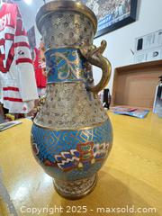 MaxSold Auction: Cloisonné-Style Brass Vase with Applied Animal Handles - Maple Ridge (British Columbia, Canada) PARTNER MANAGED Estate Sale Online Auction - Blanshard Street (STORAGE)
