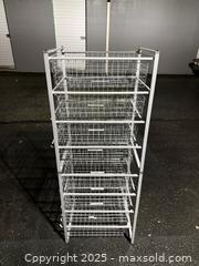 MaxSold Auction: Freestanding White Wire Basket Storage Rack, 8 Baskets - Maple Ridge (British Columbia, Canada) PARTNER MANAGED Estate Sale Online Auction - Blanshard Street (STORAGE)