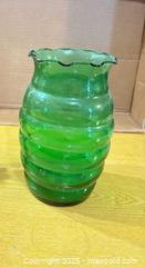 MaxSold Auction: Green Ribbed Glass Vase with Ruffled Rim, ~9–10 in - Maple Ridge (British Columbia, Canada) PARTNER MANAGED Estate Sale Online Auction - Blanshard Street (STORAGE)