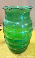 MaxSold Auction: Green Ribbed Glass Vase with Ruffled Rim, ~9–10 in - Maple Ridge (British Columbia, Canada) PARTNER MANAGED Estate Sale Online Auction - Blanshard Street (STORAGE)