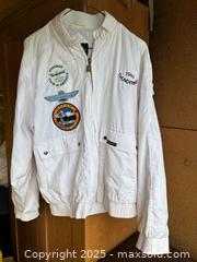 MaxSold Auction: Jean Gabrielle White Zip-Front Bomber Jacket M - Thunderbird, tbird club patches - Maple Ridge (British Columbia, Canada) PARTNER MANAGED Estate Sale Online Auction - Blanshard Street (STORAGE)