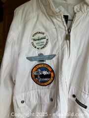 MaxSold Auction: Jean Gabrielle White Zip-Front Bomber Jacket M - Thunderbird, tbird club patches - Maple Ridge (British Columbia, Canada) PARTNER MANAGED Estate Sale Online Auction - Blanshard Street (STORAGE)