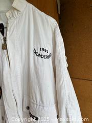 MaxSold Auction: Jean Gabrielle White Zip-Front Bomber Jacket M - Thunderbird, tbird club patches - Maple Ridge (British Columbia, Canada) PARTNER MANAGED Estate Sale Online Auction - Blanshard Street (STORAGE)