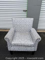 MaxSold Auction: Light Gray Upholstered Accent Armchair with Scroll Pattern - Maple Ridge (British Columbia, Canada) PARTNER MANAGED Estate Sale Online Auction - Blanshard Street (STORAGE)