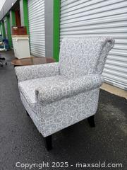 MaxSold Auction: Light Gray Upholstered Accent Armchair with Scroll Pattern - Maple Ridge (British Columbia, Canada) PARTNER MANAGED Estate Sale Online Auction - Blanshard Street (STORAGE)