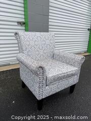 MaxSold Auction: Light Gray Upholstered Accent Armchair with Scroll Pattern - Maple Ridge (British Columbia, Canada) PARTNER MANAGED Estate Sale Online Auction - Blanshard Street (STORAGE)