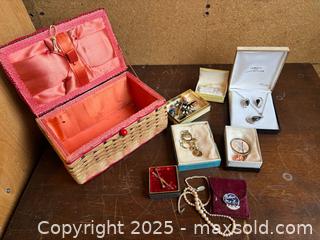 MaxSold Auction: Lot of Vintage Mid-20th Century Costume Jewelry with Woven Box - Maple Ridge (British Columbia, Canada) PARTNER MANAGED Estate Sale Online Auction - Blanshard Street (STORAGE)