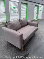 MaxSold Auction: Mid-Century Modern Gray Upholstered Loveseat with Tapered Wood Legs - Maple Ridge (British Columbia, Canada) PARTNER MANAGED Estate Sale Online Auction - Blanshard Street (STORAGE)