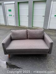 MaxSold Auction: Mid-Century Modern Gray Upholstered Loveseat with Tapered Wood Legs - Maple Ridge (British Columbia, Canada) PARTNER MANAGED Estate Sale Online Auction - Blanshard Street (STORAGE)