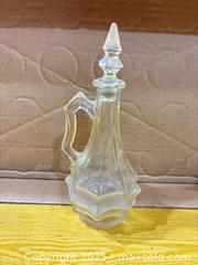 MaxSold Auction: Pressed Glass Decanter Cruet with Stopper, Embossed Base - Maple Ridge (British Columbia, Canada) PARTNER MANAGED Estate Sale Online Auction - Blanshard Street (STORAGE)