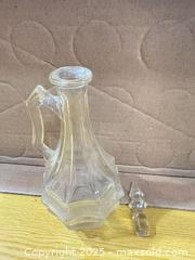 MaxSold Auction: Pressed Glass Decanter Cruet with Stopper, Embossed Base - Maple Ridge (British Columbia, Canada) PARTNER MANAGED Estate Sale Online Auction - Blanshard Street (STORAGE)