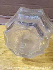 MaxSold Auction: Pressed Glass Decanter Cruet with Stopper, Embossed Base - Maple Ridge (British Columbia, Canada) PARTNER MANAGED Estate Sale Online Auction - Blanshard Street (STORAGE)