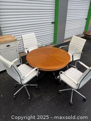 MaxSold Auction: Round Oak Veneer Pedestal Table with 4 White Swivel Office Chairs - Maple Ridge (British Columbia, Canada) PARTNER MANAGED Estate Sale Online Auction - Blanshard Street (STORAGE)