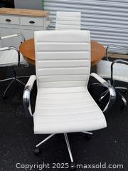 MaxSold Auction: Round Oak Veneer Pedestal Table with 4 White Swivel Office Chairs - Maple Ridge (British Columbia, Canada) PARTNER MANAGED Estate Sale Online Auction - Blanshard Street (STORAGE)