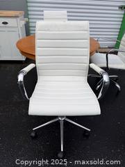 MaxSold Auction: Round Oak Veneer Pedestal Table with 4 White Swivel Office Chairs - Maple Ridge (British Columbia, Canada) PARTNER MANAGED Estate Sale Online Auction - Blanshard Street (STORAGE)