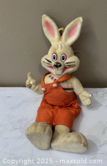 MaxSold Auction: Vintage flocked hanging bunny in orange overalls, 15 in - Maple Ridge (British Columbia, Canada) PARTNER MANAGED Estate Sale Online Auction - Blanshard Street (STORAGE)