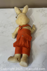 MaxSold Auction: Vintage flocked hanging bunny in orange overalls, 15 in - Maple Ridge (British Columbia, Canada) PARTNER MANAGED Estate Sale Online Auction - Blanshard Street (STORAGE)