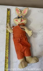 MaxSold Auction: Vintage flocked hanging bunny in orange overalls, 15 in - Maple Ridge (British Columbia, Canada) PARTNER MANAGED Estate Sale Online Auction - Blanshard Street (STORAGE)