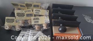 MaxSold Auction: Hand-Painted Beige Ceramic Drawer Knobs &#38; Black Metal Door Knobs - Toronto (Ontario, Canada) SELLER MANAGED Downsizing Online Auction - Wilson Avenue (CONDO)