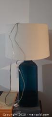 MaxSold Auction: Teal Deep Blue Glass Table Lamp with Cream Fabric Shade - Toronto (Ontario, Canada) SELLER MANAGED Downsizing Online Auction - Wilson Avenue (CONDO)