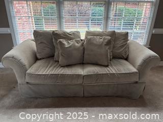MaxSold Auction: Beige Sofa with Decorative Pillows - Suwanee (Georgia, USA) SELLER MANAGED Estate Sale Online Auction - Laurel Oak Drive