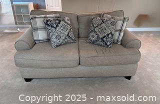 MaxSold Auction: Beige sofa with decorative pillows - Suwanee (Georgia, USA) SELLER MANAGED Estate Sale Online Auction - Laurel Oak Drive