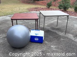 MaxSold Auction: Lot - 2 folding card tables, cooler and yoga ball - Suwanee (Georgia, USA) SELLER MANAGED Estate Sale Online Auction - Laurel Oak Drive