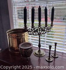 MaxSold Auction: Lot - brass candlesticks, candelabra, fishbowl with brass stand, brass planter  - Suwanee (Georgia, USA) SELLER MANAGED Estate Sale Online Auction - Laurel Oak Drive