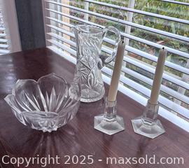 MaxSold Auction: Lot - glads bowl, pitcher and pair of candlestick holders  - Suwanee (Georgia, USA) SELLER MANAGED Estate Sale Online Auction - Laurel Oak Drive