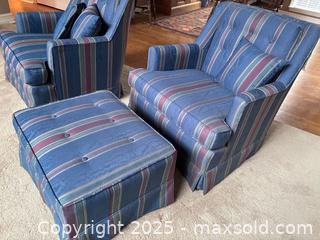 MaxSold Auction: Pair of upholstered arm lounge chairs with one ottoman - Suwanee (Georgia, USA) SELLER MANAGED Estate Sale Online Auction - Laurel Oak Drive