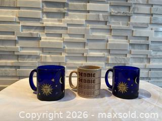 MaxSold Auction: Lot of 3 Cobalt Blue & Beige Coffee/Tea Mugs with Sun/Moon/Stars - Toronto (Ontario, Canada) SELLER MANAGED Downsizing Online Auction - Bright Street
