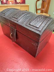 MaxSold Auction: Antique Leather-Covered Domed Trunk / Chest with Tooled Decoration, c. 1880–1920 - Toronto (Ontario, Canada) SELLER MANAGED Moving Online Auction - 1/2  Wellesley Street East