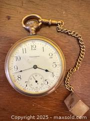 MaxSold Auction: Antique Waltham Pocket Watch with Chain & Key – Arabic Numeral Dial, Engraved Case  - Toronto (Ontario, Canada) SELLER MANAGED Moving Online Auction - 1/2  Wellesley Street East
