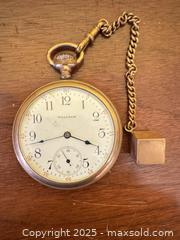 MaxSold Auction: Antique Waltham Pocket Watch with Chain & Key – Arabic Numeral Dial, Engraved Case  - Toronto (Ontario, Canada) SELLER MANAGED Moving Online Auction - 1/2  Wellesley Street East