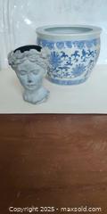 MaxSold Auction: Blue & White Ceramic Planter with Classical concrete Style Bust Cachepot - Toronto (Ontario, Canada) SELLER MANAGED Moving Online Auction - 1/2  Wellesley Street East