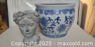 MaxSold Auction: Blue & White Ceramic Planter with Classical concrete Style Bust Cachepot - Toronto (Ontario, Canada) SELLER MANAGED Moving Online Auction - 1/2  Wellesley Street East