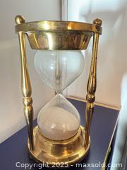 MaxSold Auction: Brass Hourglass with Glass Timer – 9” - Toronto (Ontario, Canada) SELLER MANAGED Moving Online Auction - 1/2  Wellesley Street East