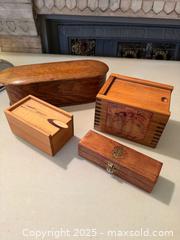 MaxSold Auction: Collection of Handcrafted Wooden Boxes & Match Holders – Mixed Woods, Lined & Decorative  - Toronto (Ontario, Canada) SELLER MANAGED Moving Online Auction - 1/2  Wellesley Street East