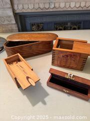 MaxSold Auction: Collection of Handcrafted Wooden Boxes & Match Holders – Mixed Woods, Lined & Decorative  - Toronto (Ontario, Canada) SELLER MANAGED Moving Online Auction - 1/2  Wellesley Street East