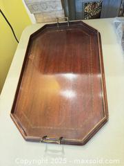 MaxSold Auction: Inlaid Wood Serving Tray with Brass Handles  - Toronto (Ontario, Canada) SELLER MANAGED Moving Online Auction - 1/2  Wellesley Street East