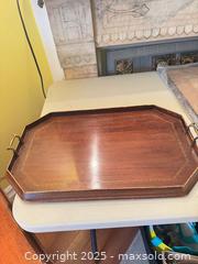 MaxSold Auction: Inlaid Wood Serving Tray with Brass Handles  - Toronto (Ontario, Canada) SELLER MANAGED Moving Online Auction - 1/2  Wellesley Street East