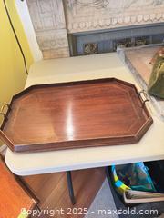 MaxSold Auction: Inlaid Wood Serving Tray with Brass Handles  - Toronto (Ontario, Canada) SELLER MANAGED Moving Online Auction - 1/2  Wellesley Street East