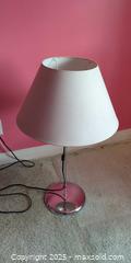 MaxSold Auction: Modern Chrome Table Lamp with White Fabric Shade - Toronto (Ontario, Canada) SELLER MANAGED Moving Online Auction - 1/2  Wellesley Street East