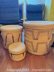 MaxSold Auction: Set of 3 Handwoven Lidded Baskets – Boho / African-Style Storage Decor  - Toronto (Ontario, Canada) SELLER MANAGED Moving Online Auction - 1/2  Wellesley Street East