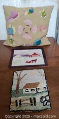 MaxSold Auction: Three Decorative Textile Pieces Including Embroidered Pillow & Hand-Hooked Folk Ma - Toronto (Ontario, Canada) SELLER MANAGED Moving Online Auction - 1/2  Wellesley Street East