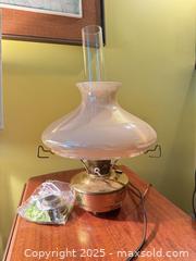 MaxSold Auction: Vintage Aladdin-Style Electric Table Lamp with Glass Chimney & Shade + Extra Bulb Adapter - Toronto (Ontario, Canada) SELLER MANAGED Moving Online Auction - 1/2  Wellesley Street East