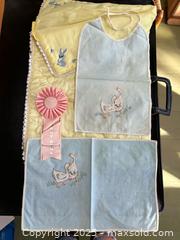 MaxSold Auction: Vintage Baby Linens Lot – Embroidered Goose & Bunny Pieces, Bib, Blanket & Ribbon - Toronto (Ontario, Canada) SELLER MANAGED Moving Online Auction - 1/2  Wellesley Street East