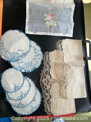 MaxSold Auction: Vintage Linens Lot – Embroidered Runner, Lace Pieces & Blue-Trimmed Doilies - Toronto (Ontario, Canada) SELLER MANAGED Moving Online Auction - 1/2  Wellesley Street East